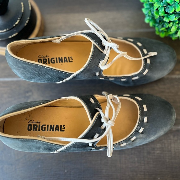 Clarks ORIGINALS Blue Gray Mary Jane Wedges Lace Ties 61606 Size 11 Medium - Picture 8 of 13